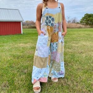 NEW! Blue Sky Patchwork Overalls Wide Leg Patch Colors Will Vary Size S,M,L & XL